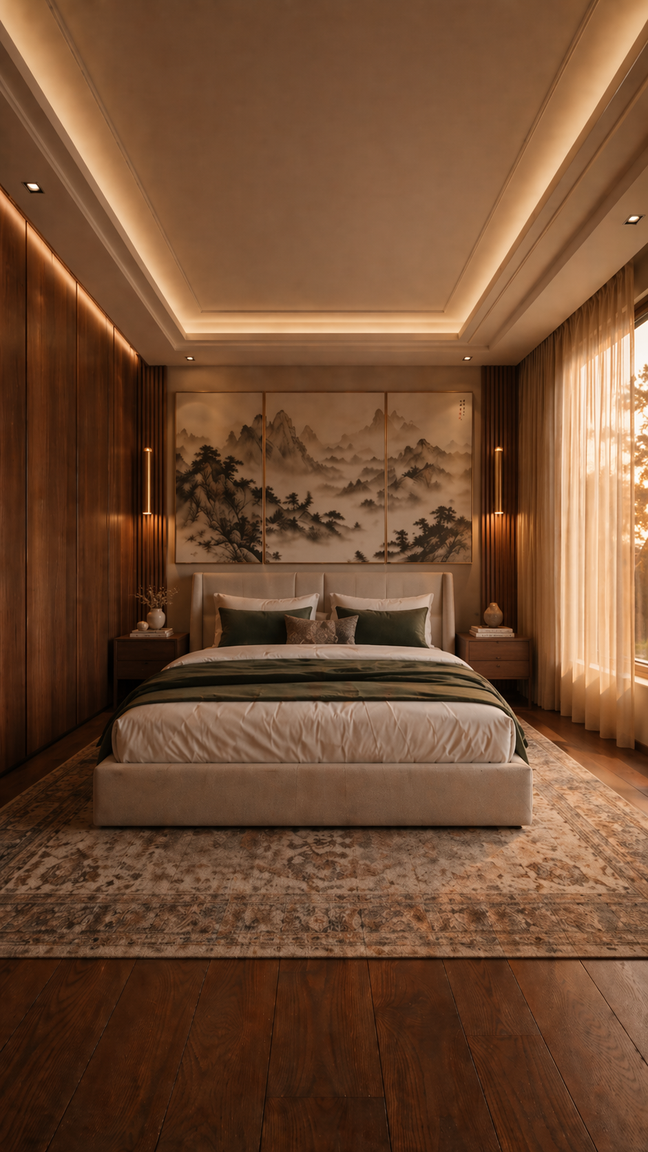 Dormitorio Zen de lujo con tríptico de montañas y ropa de cama verde bosque