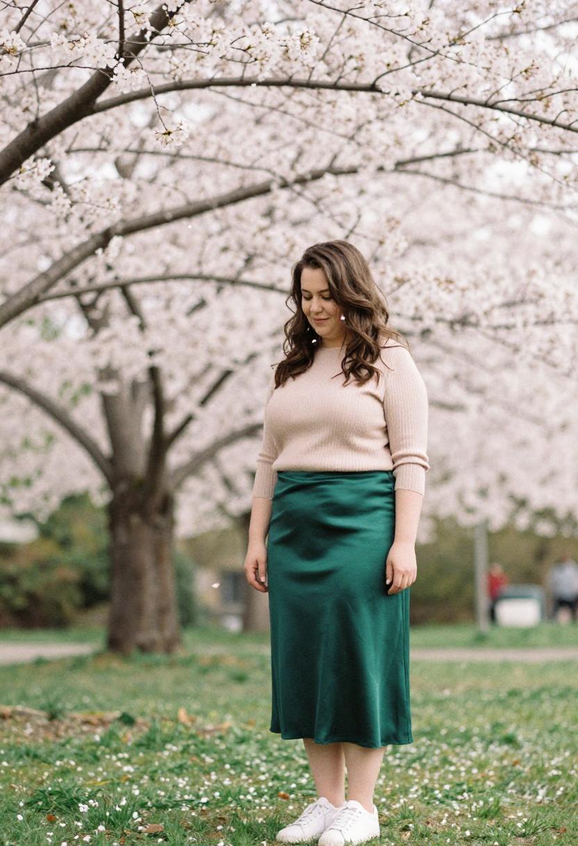 Emerald satin midi skirt with blush knit top for dreamy spring romance