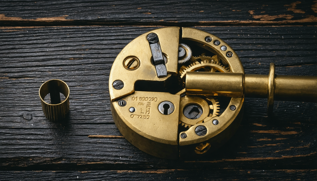 A close-up of an old bronze mechanical lock mechanism, partly disassembled, exposed gears catching low light.
