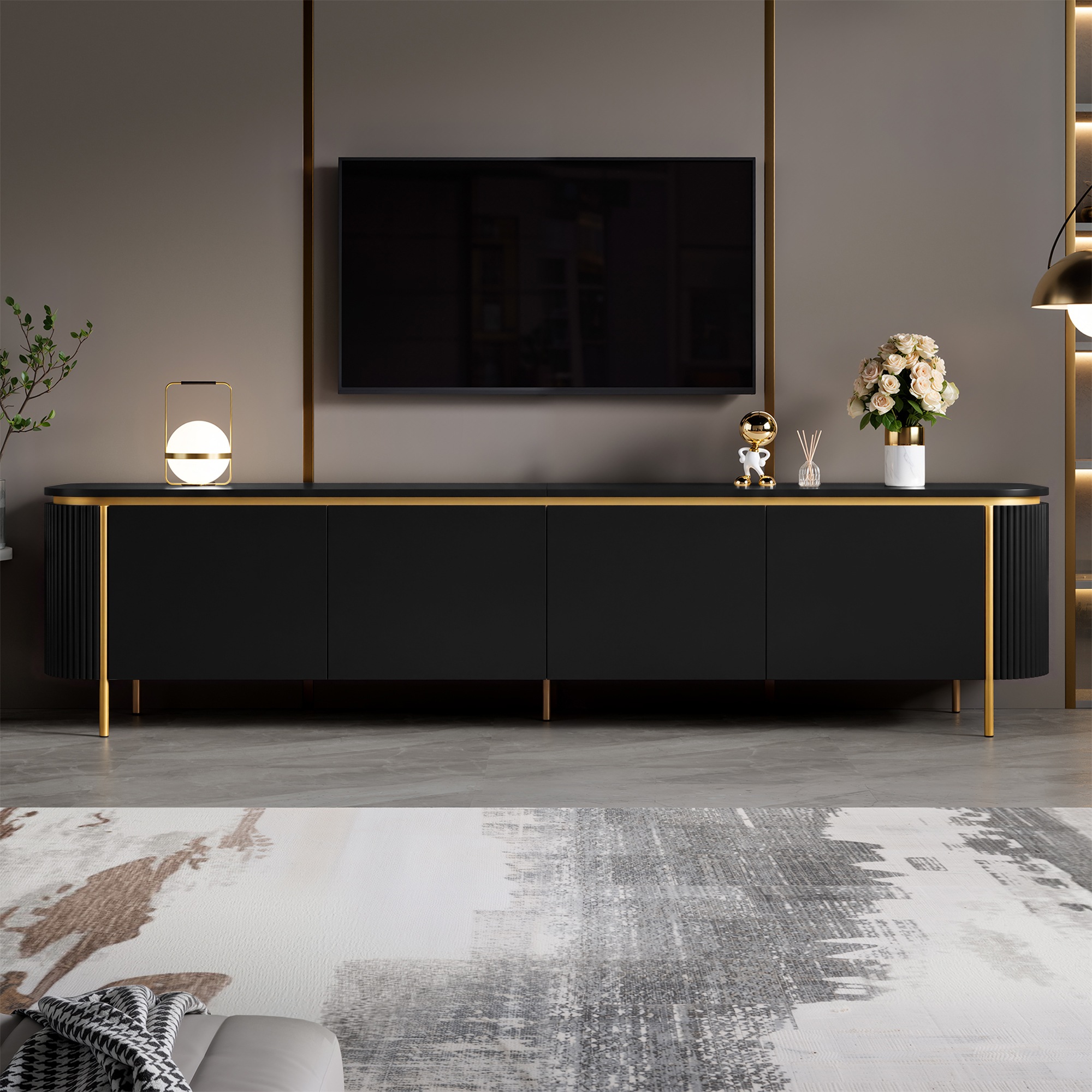 Meuble TV Noir, 1 Porte, Rangement, Gestion des Câbles, Design Moderne, Angles Arrondis, Façade Texturée - 180x38x46cm - Salon 4