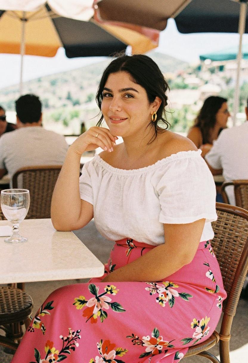 Fuchsia floral wrap midi skirt with linen off-shoulder top for spring café style