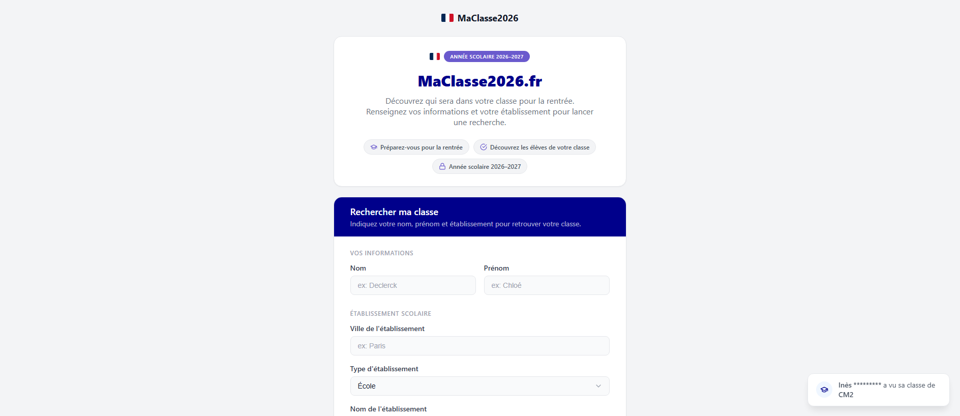 Forensic screenshot of maclasse2026.fr showing the phishing page layout