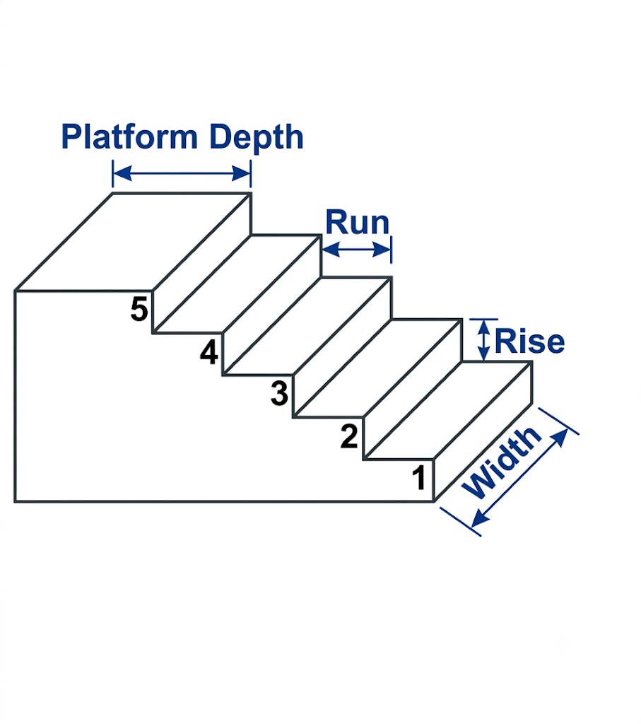 Concrete stairs diagram showing platform depth, run, rise, and width for calculating stair volume
