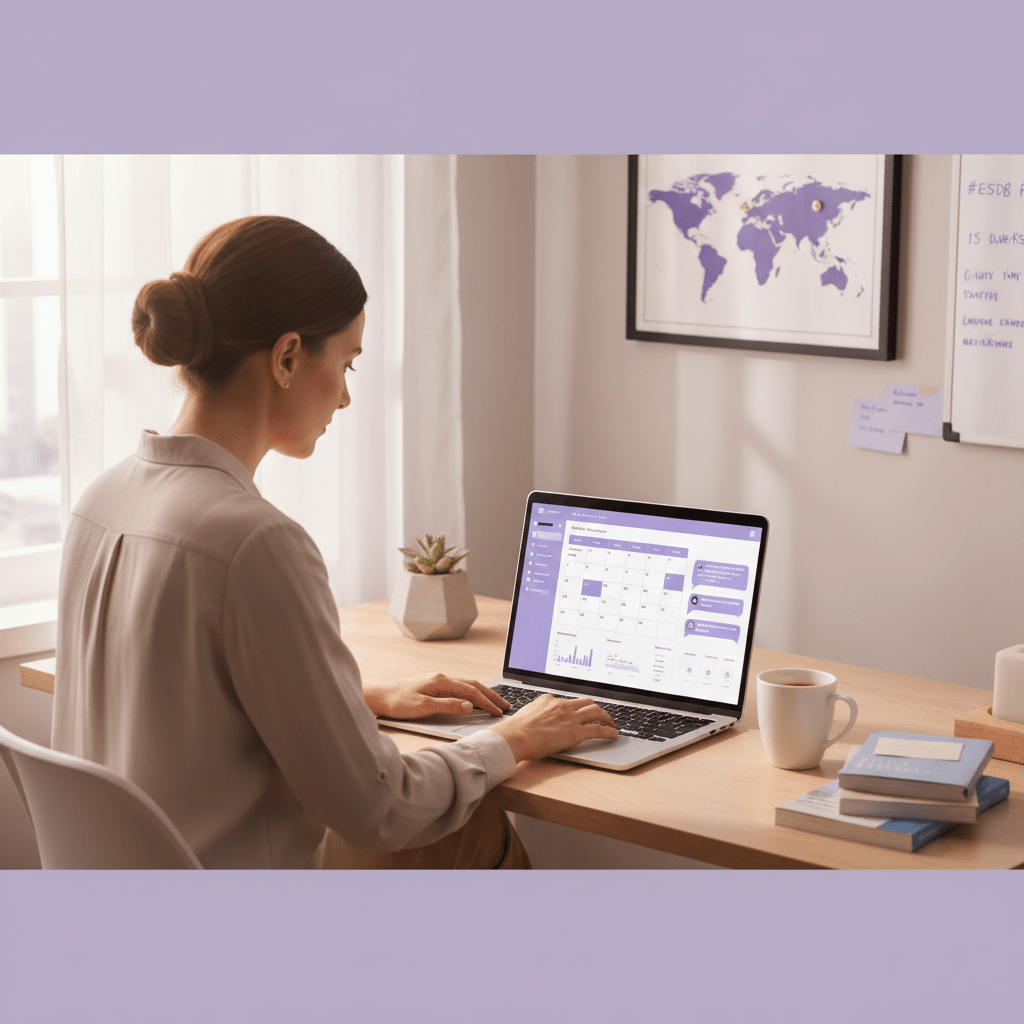 A host updating pricing calendar and guest messages on a laptop in a tidy rental office, subtle booking dashboard visuals, calm professional workspace, warm daylight