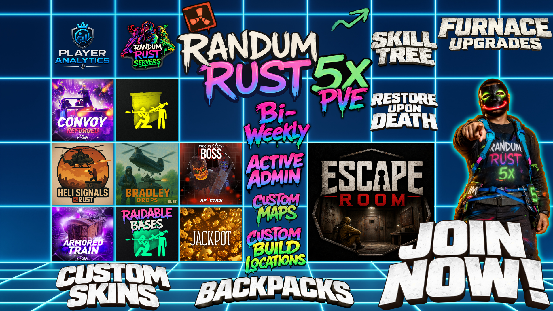 Randum Rust 5x PVE |Raids|SkillTree|Events|Kits|Stats