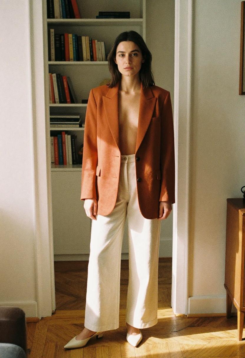 Rust orange blazer with wide-leg ivory trousers for chic home office dressing