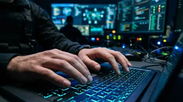 Analyst's hands over glowing keyboard in dark cybersecurity operations center, tense mood