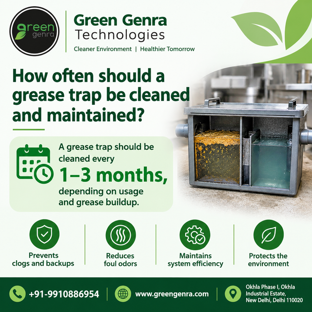 A grease trap should be cleaned every 1–3 months, depending on usage and grease buildup. A grease trap should generally be cleaned every 1–3 months, depending on kitchen usage, grease buildup, and trap size. Regular maintenance prevents blockages, odors, backups, and costly repairs while helping maintain proper kitchen hygiene and efficiency.
https://www.greengenra.com/oil-and-grease-trap
