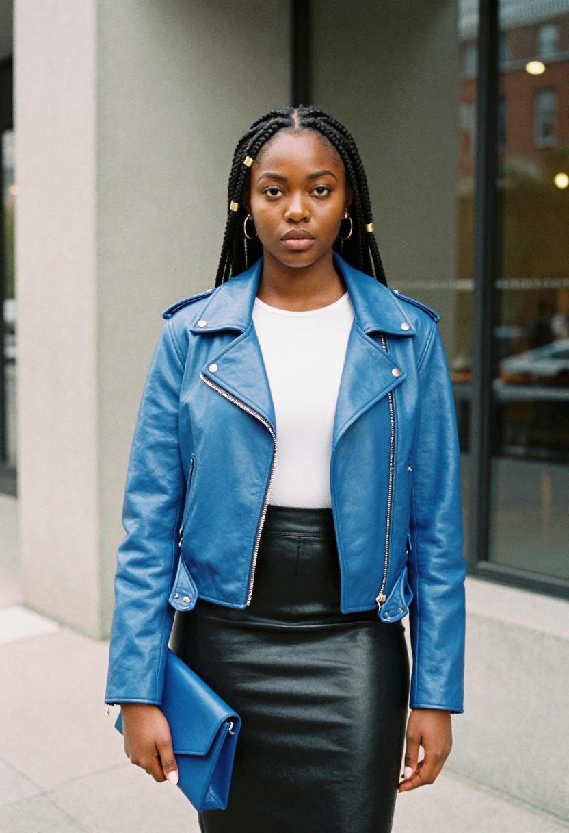 Plus size woman in cobalt blue moto leather jacket with matching clutch against modern architecture