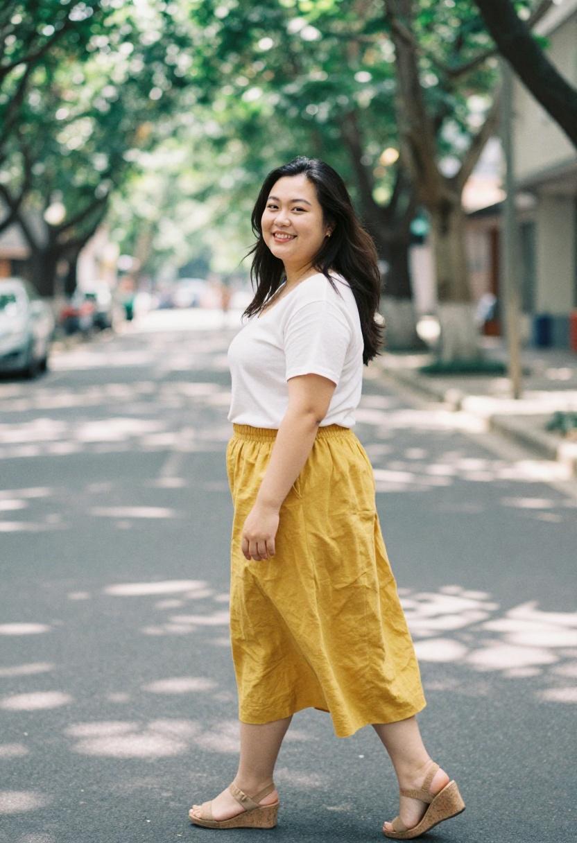 Mustard yellow midi skirt with white tee for weekend brunch plus-size capsule look