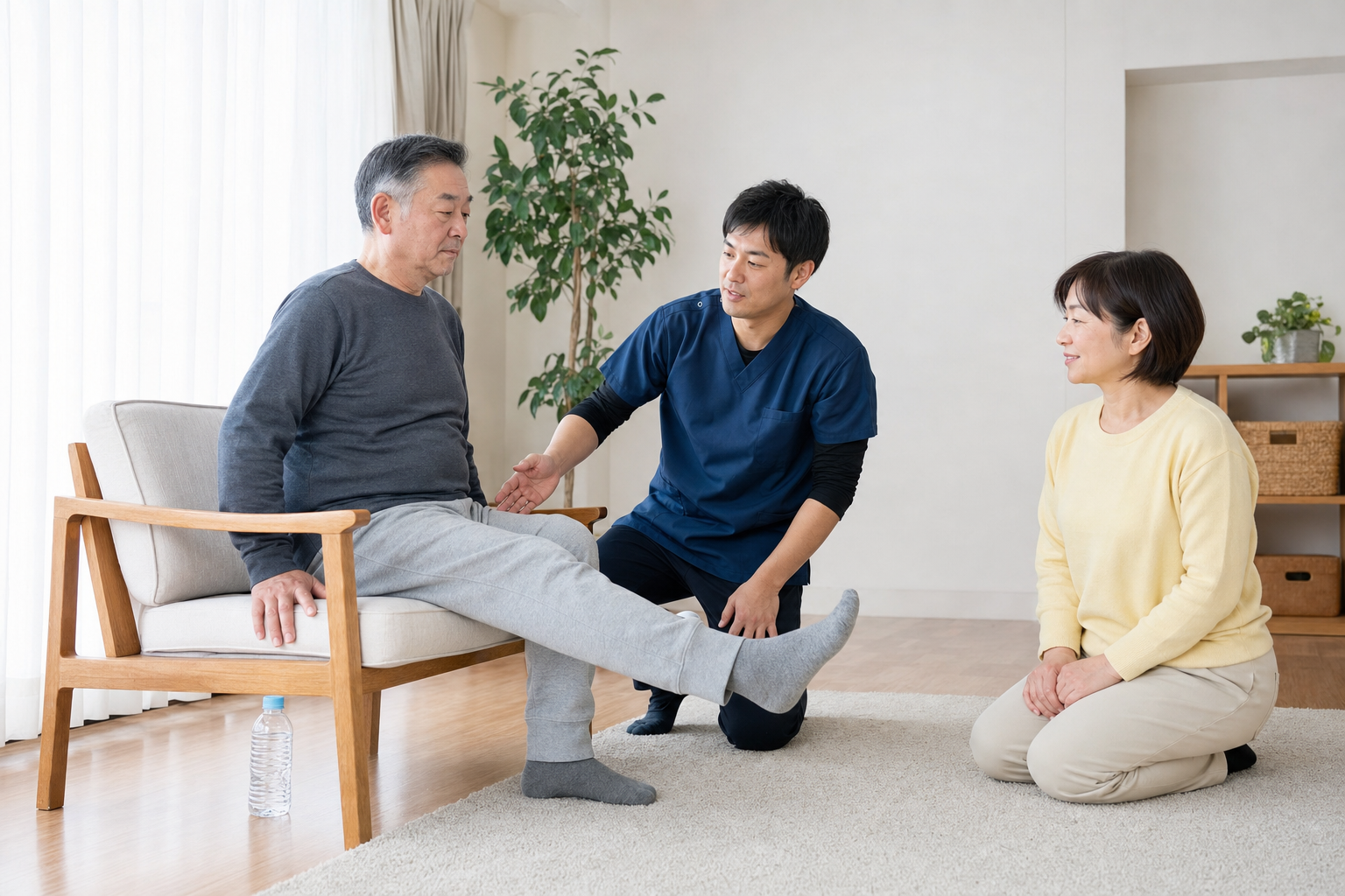 脳卒中後の方が専門職と家族の見守りのもとで安全に運動する場面