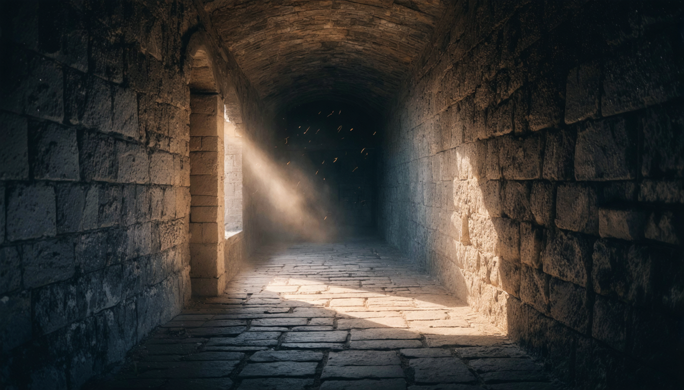 A dark corridor in an old European building, light streaming in from a distant open door at the end, dust visible in the light beam