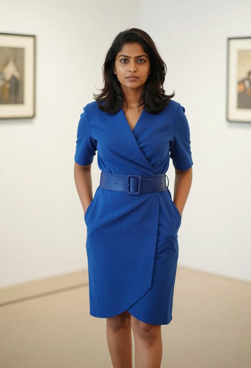 Cobalt blue wrap dress with wide structured leather belt for effortless professional wedding guest look