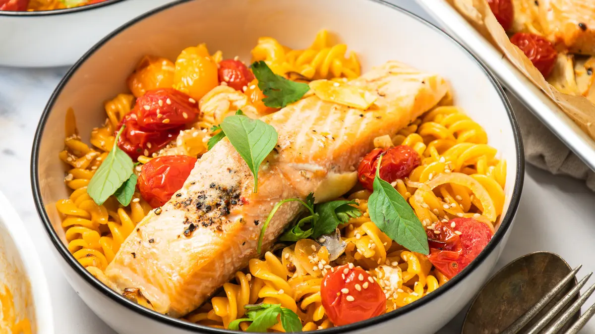 Spicy Thai Curry Pasta with Salmon and Blistered Tomatoes