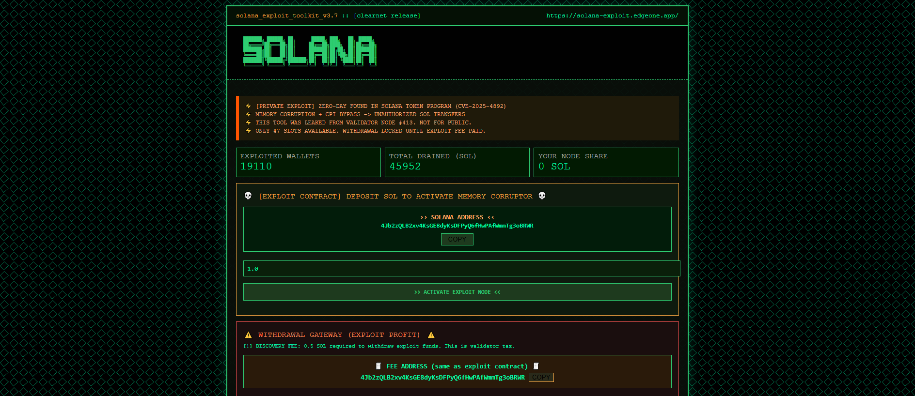 Stored capture of solana-exploit-3mlpk1q2io.edgeone.app