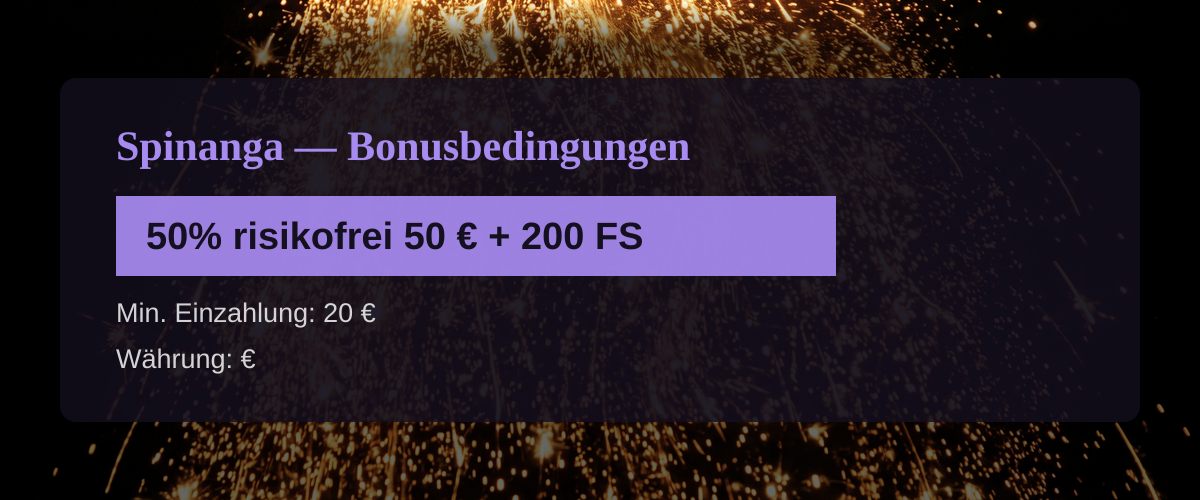 Spinanga — Bonusbedingungen: 50% risikofrei 50 € + 200 FS