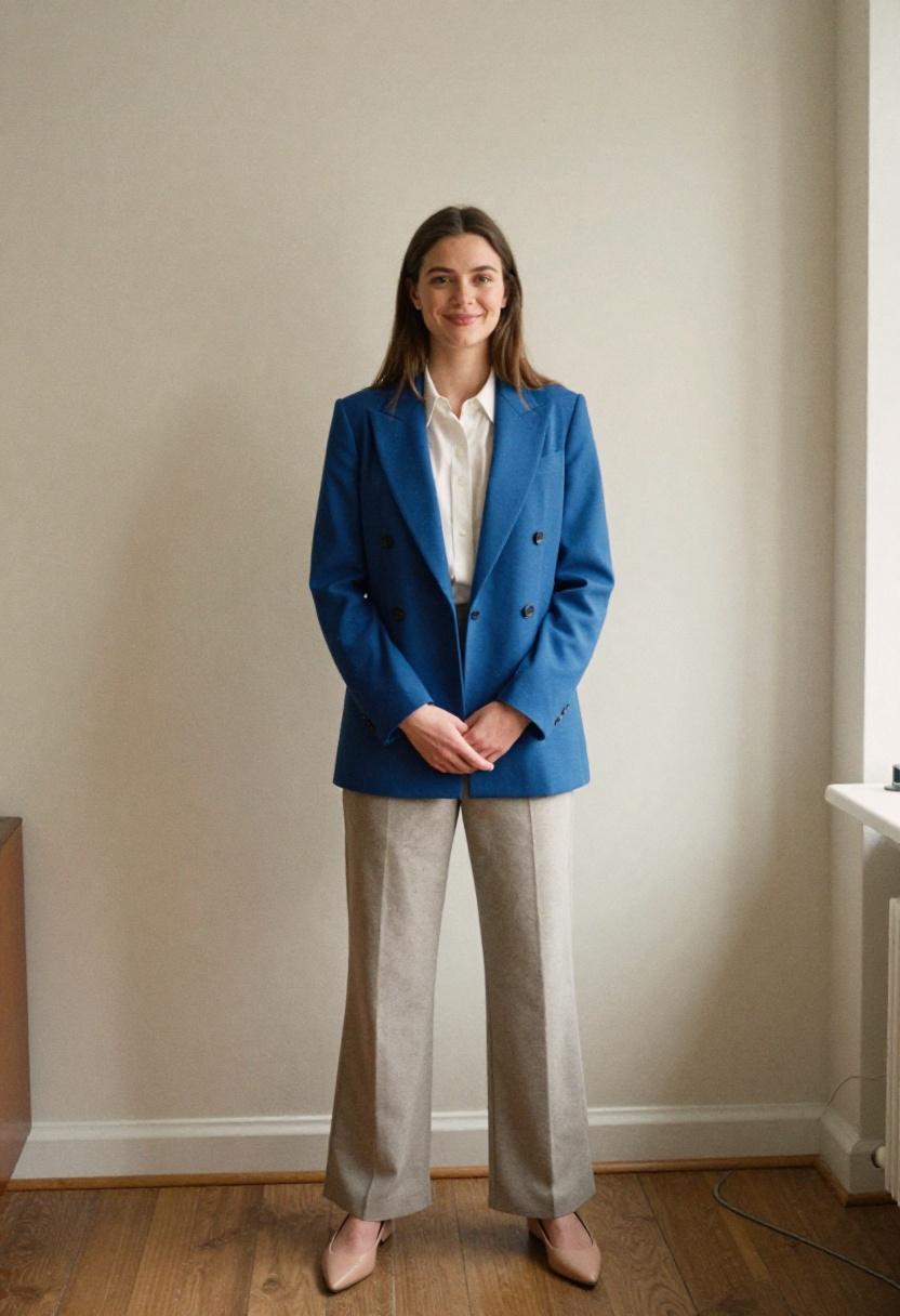 Cobalt blue double breasted blazer with wide-leg stone trousers for a work-from-anywhere outfit