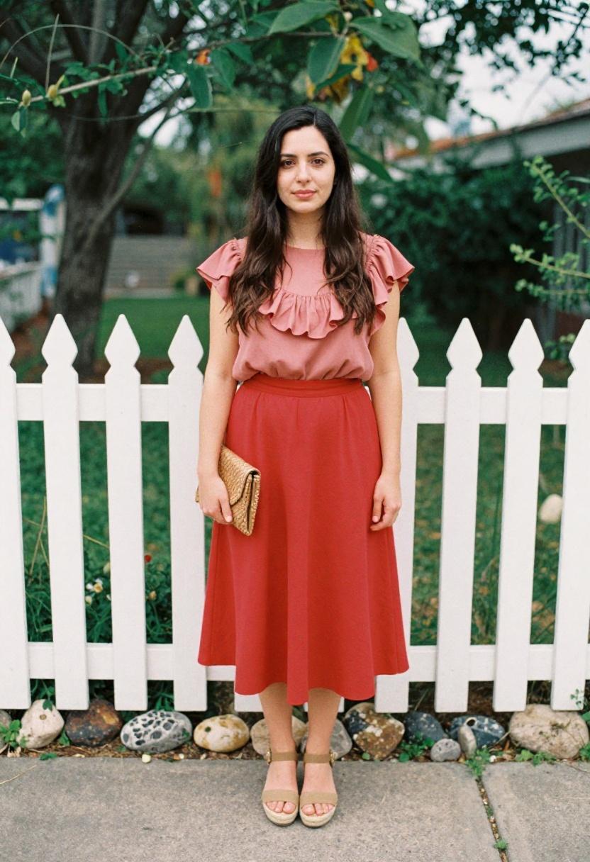 Bold red midi skirt with blush ruffled blouse in a dreamy garden setting