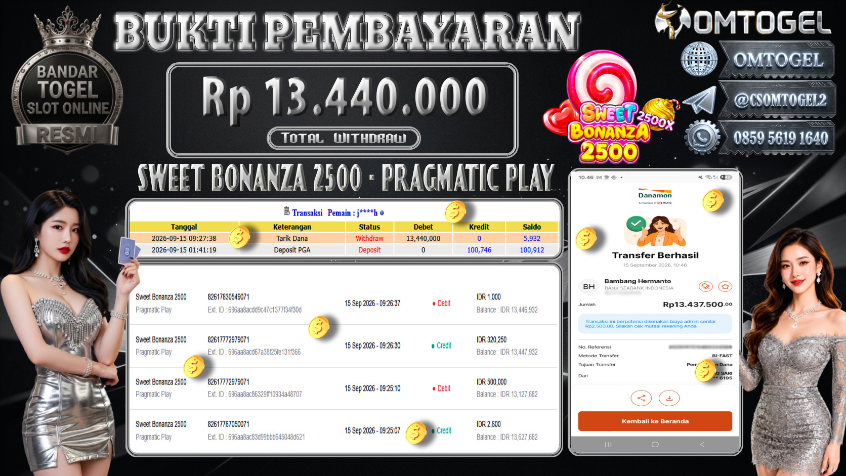OMTOGEL JACKPOT PRAGMATIC PLAY SWEET BONANZA 2500 Rp.13,440,000,- DIBAYAR LUNAS