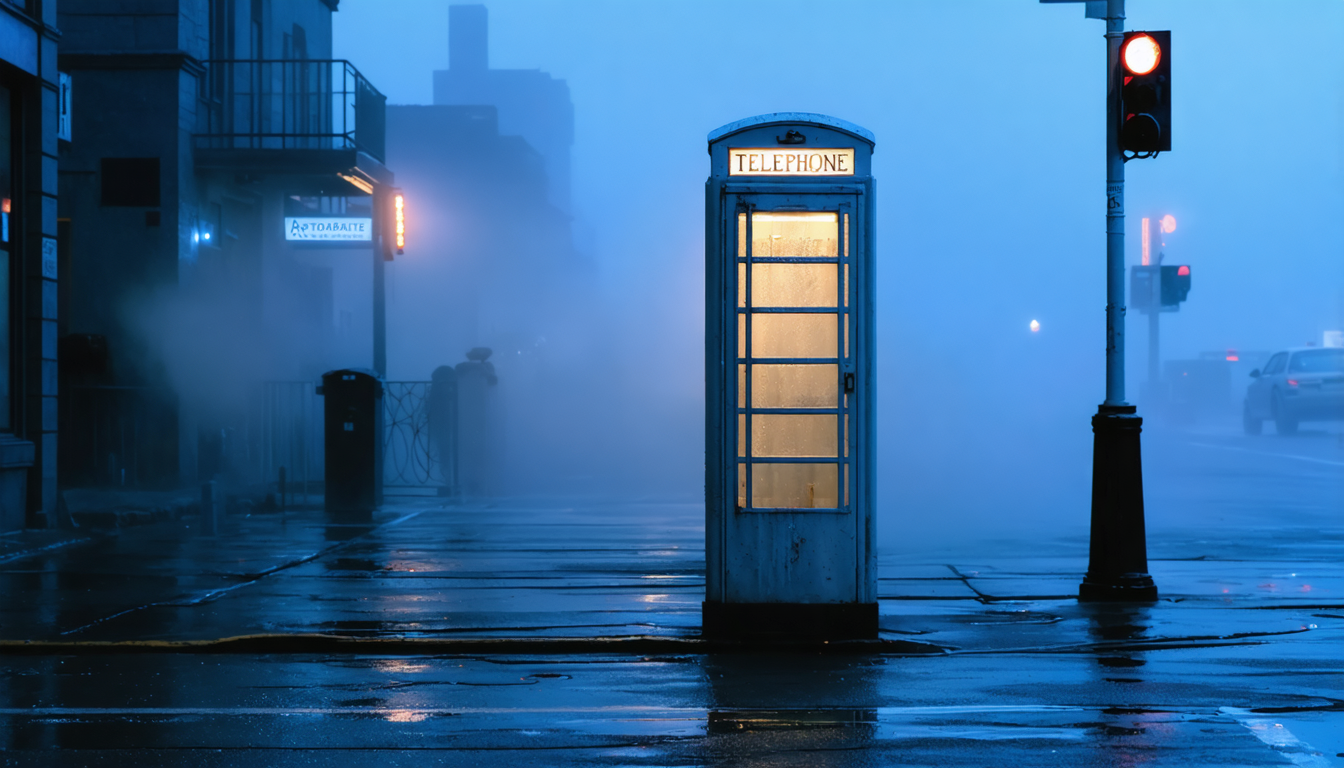 A foggy San Francisco street at night with a single illuminated phone booth, condensation on the glass, no person visible inside.