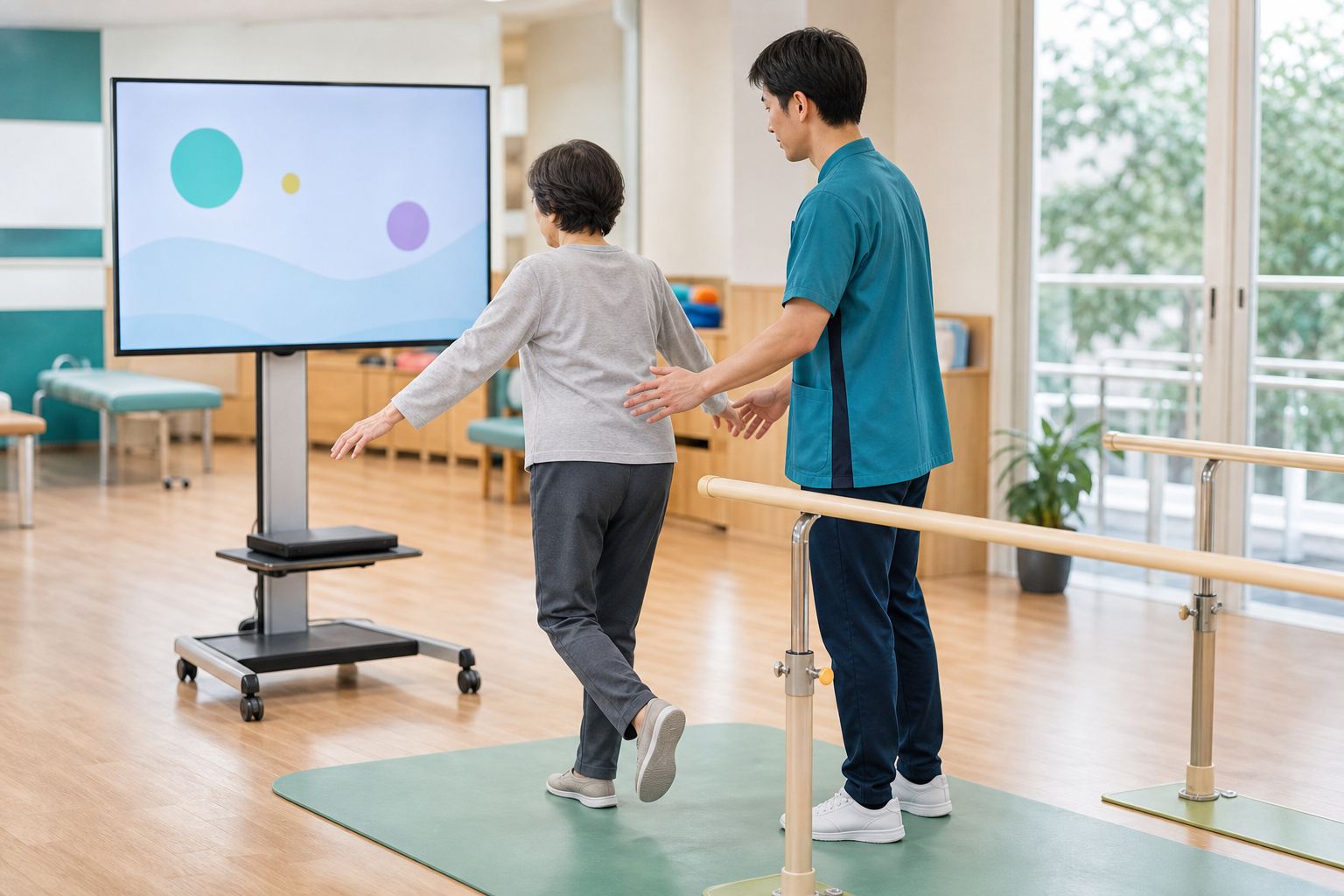 専門職の見守りと手すりの近くでゲーム型バランス運動を行う高齢者