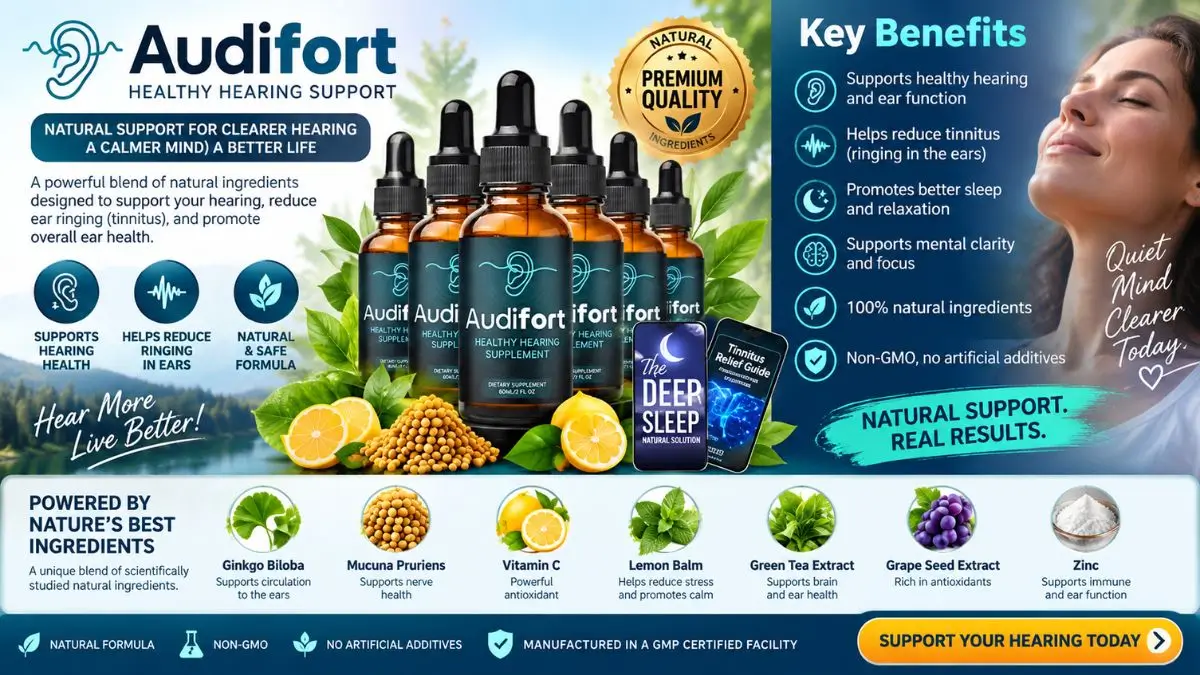 Audifort Review Bottle Display Audifort Review - Liquid Hearing Support Supplement Bottle Overview
