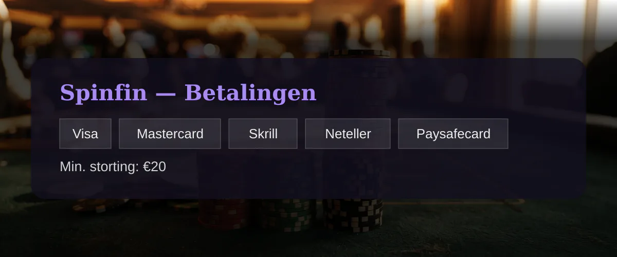 Spinfin — Betalingen: Visa, Mastercard, Skrill, Neteller, Paysafecard