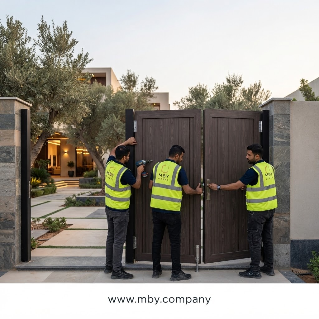  فريق تركيب MBY أثناء تنفيذ باب WPC خارجي 