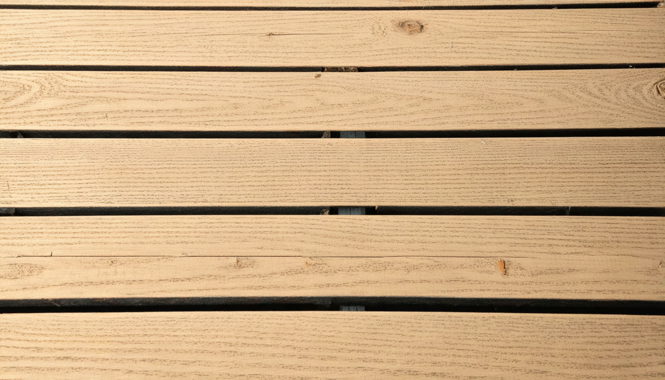Overhead view of a sun-bleached wooden deck with deliberate wide gaps between warped planks in harsh light, the empty space doing the load-bearing work.