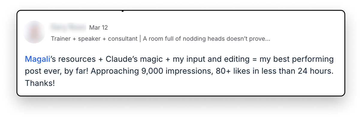 Magali's resources + Claude's magic + my input and editing = my best performing post ever. Approaching 9,000 impressions, 80+ likes in less than 24 hours.