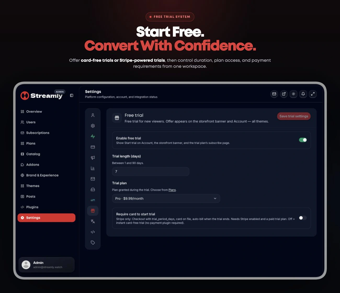 Streamly free trial settings with trial activation, duration, plan selection, card-free access, and optional Stripe card collection