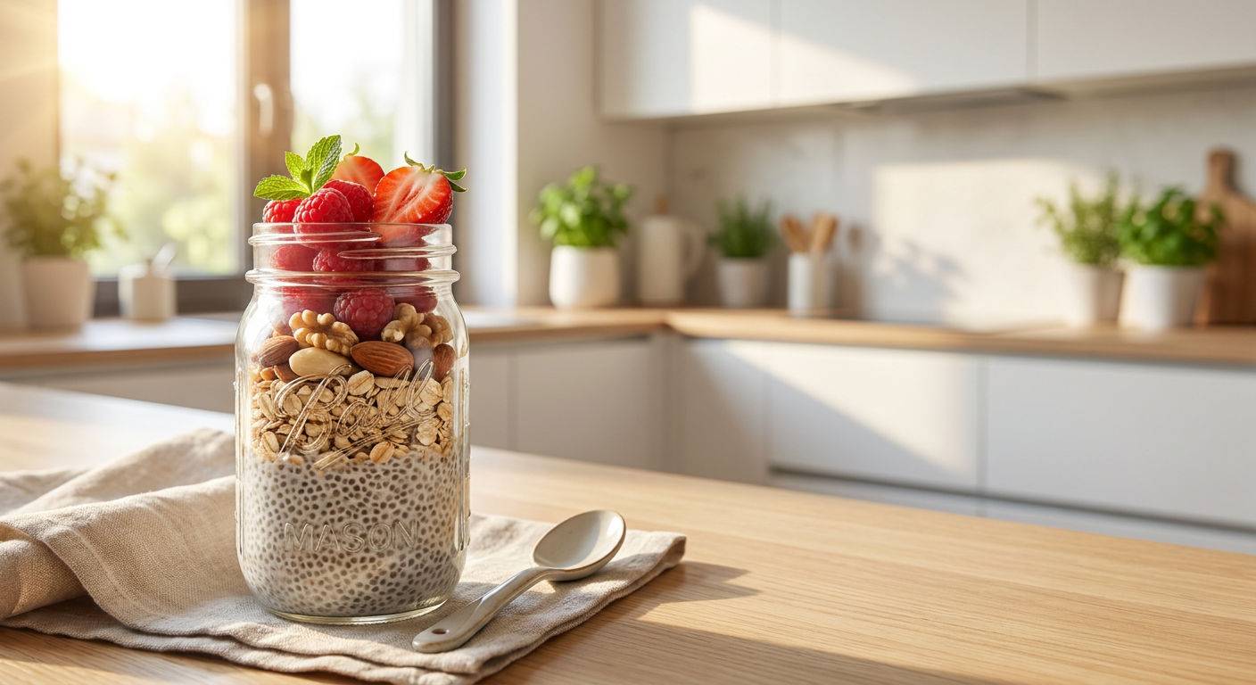 Sloik pudding chia musli orzechy maliny truskawki.
