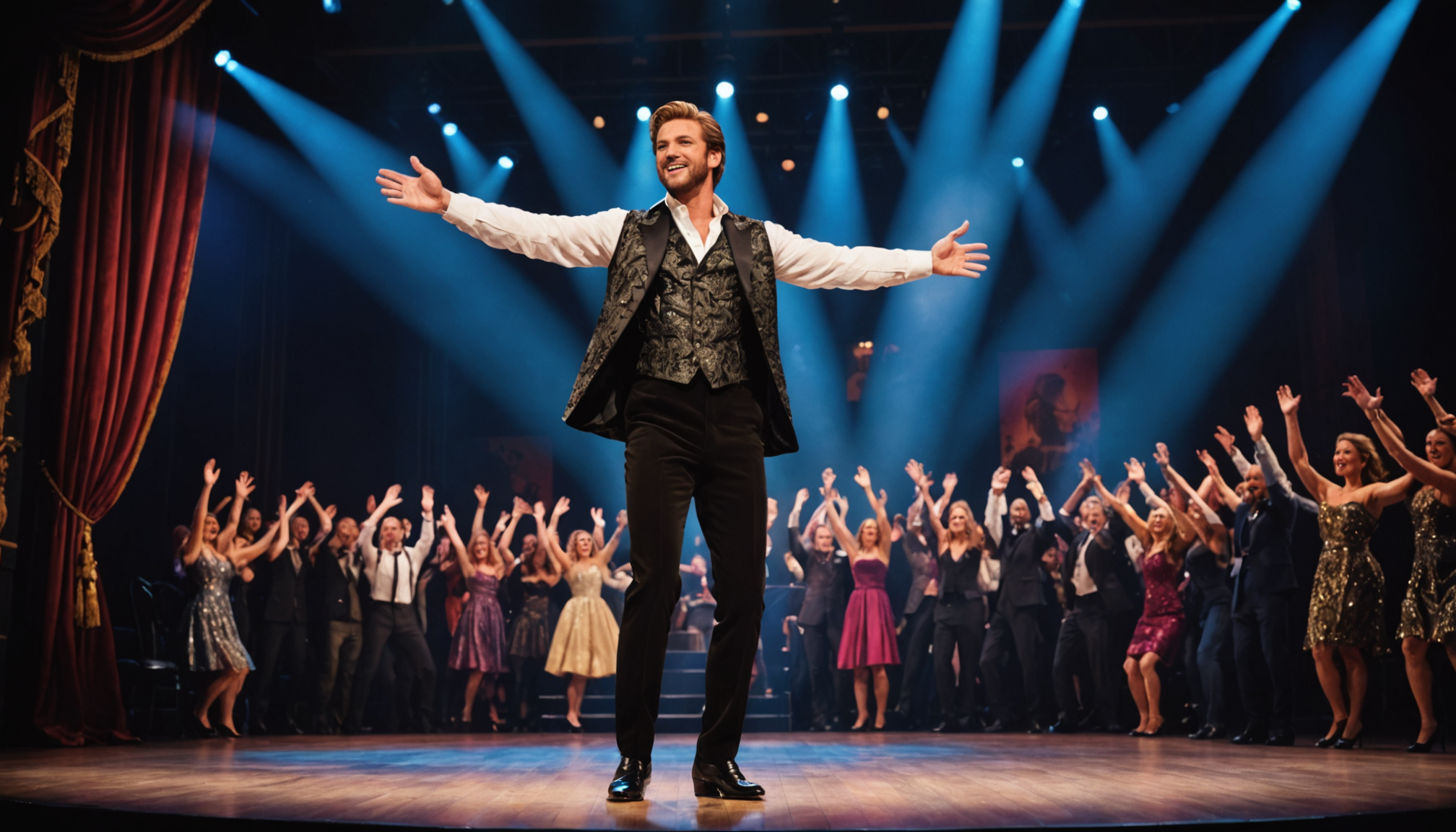 charismatic entertainer on vibrant theater stage with dynamic lighting