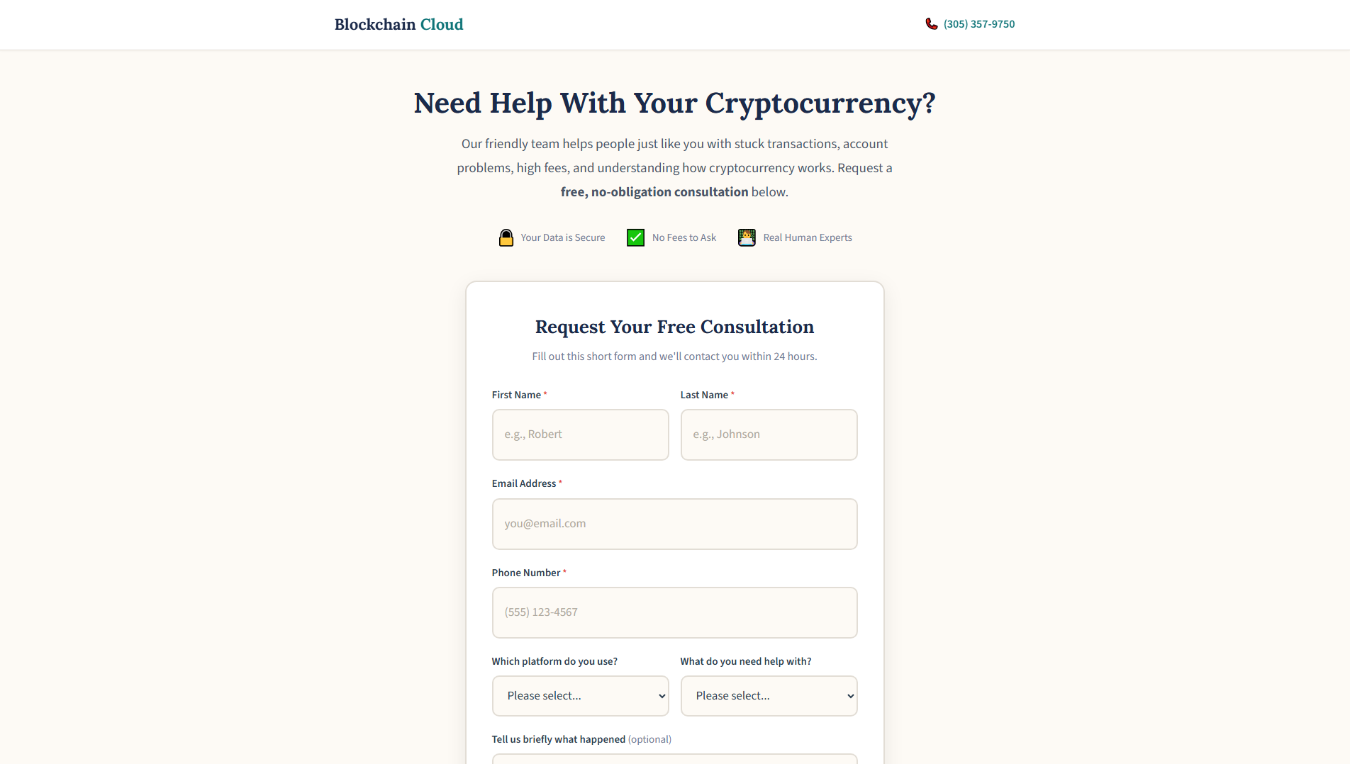 Forensic screenshot of blockchaincloud.us showing the phishing page layout