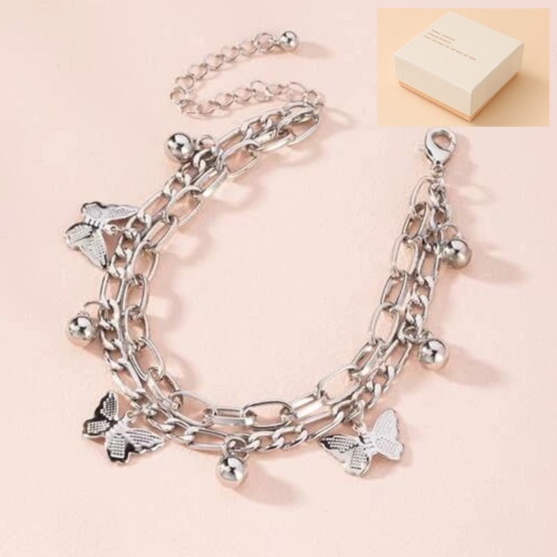Silvery Butterfly Charm Layered Chain Bracelet - Gold and Silver Alloy Finish - Adjustable Double Strand Design, Lightweight Everyday Wear, Gift Ready，Gift Box Set