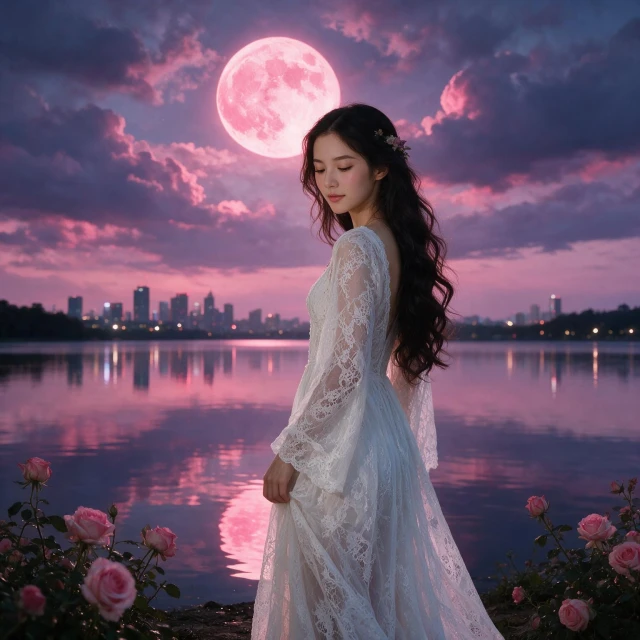 A girl with long wavy hairstyle adorned with small flowers and face-framing strands, soft romantic makeup with gentle blush and natural lips, wearing a flowing lace dress with delicate details, standing by a calm lakeshore at twilight, shown from the side in a graceful pose, eyes lowered in a peaceful expression, glowing pink full moon rising in the sky, dramatic clouds tinted in rose and violet hues, city skyline reflected on the water, blooming roses in the foreground, magical fairytale atmosphere, cinematic composition, ultra-realistic, high detail, fantasy romance art style