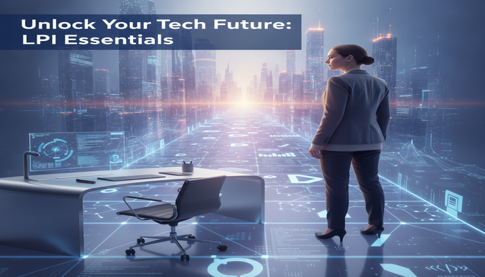 A professional looking confidently towards a glowing digital pathway made of abstract open source symbols leading to a futuristic city, with the text 'Unlock Your Tech Future: LPI Essentials' visible.