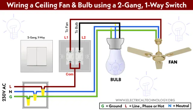 Wiring a Ceiling Fan Bulb using a 2 Gang 1 Way Switch.webp