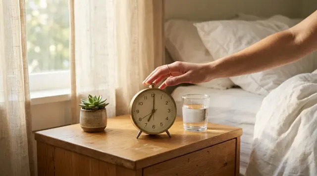 Hand reaching for alarm clock on sunlit wooden nightstand with serene morning atmosphere