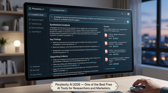 واجهة Perplexity AI للبحث الموثّق مع المصادر العلمية 2026 — من أفضل أدوات AI مجانية للباحثين والمسوقين