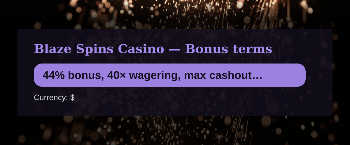 Blaze Spins Casino — Bonus terms: 44% bonus, 40× wagering, max cashout $1,000