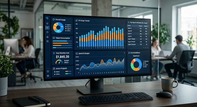 Digital dashboard showing analytics and cost management for AI agents