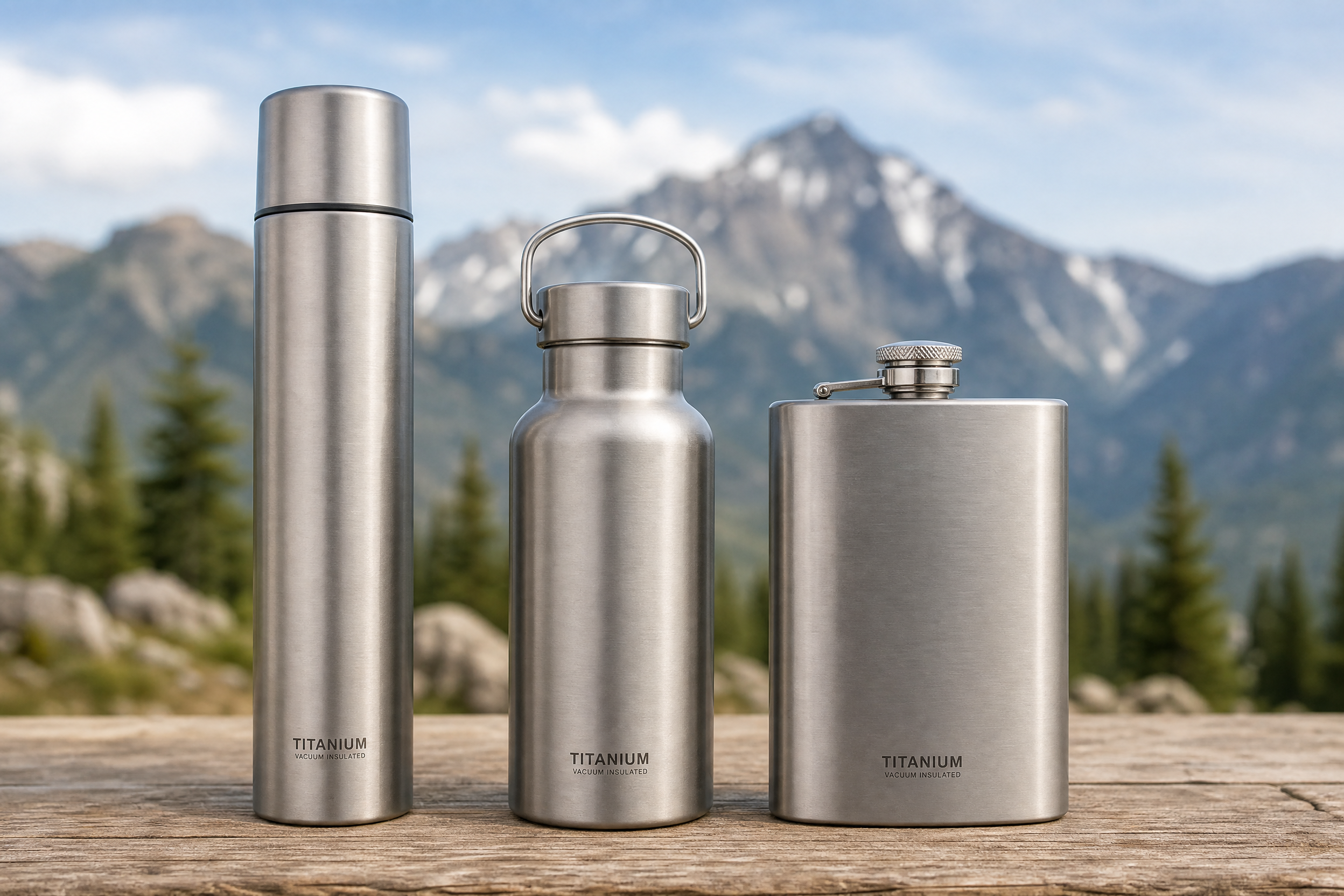 Three titanium insulated containers - thermos, vacuum flask, and insulated bottle lineup side by side - brushed titanium metal finish outdoor product photography