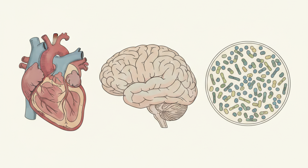 Textbook illustration of a human heart, brain, and a bacteria culture