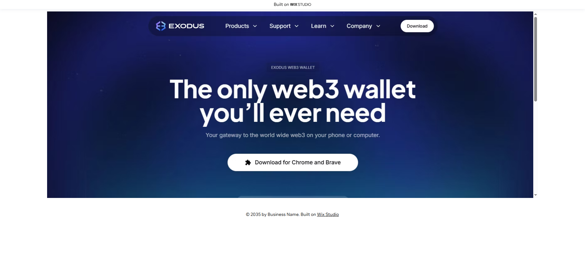 Forensic screenshot of en-ex0dus-ext.wixstudio.com showing the phishing page layout
