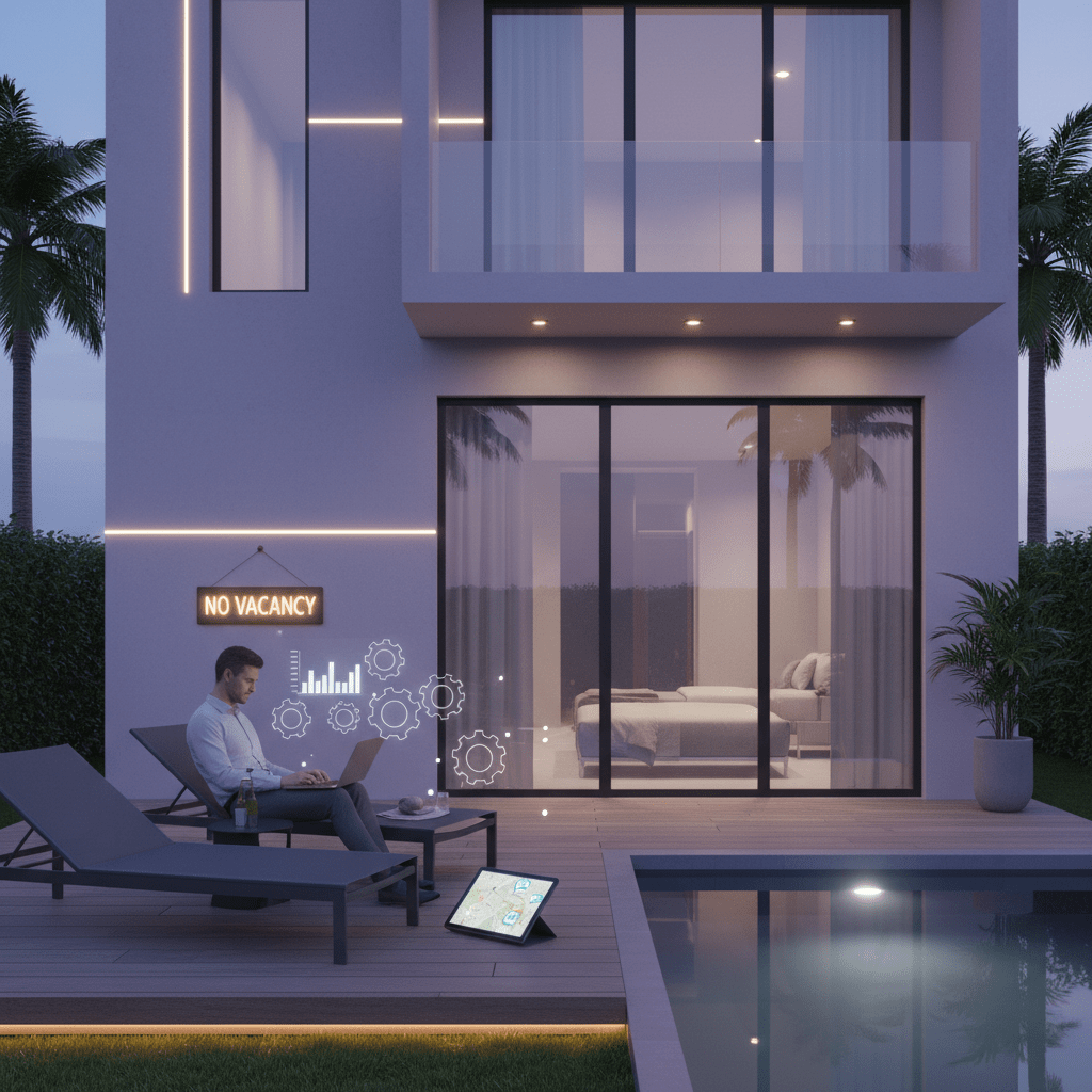 photorealistic, high detail, no text, dominant color #E5DBFD, modern Airbnb apartment exterior with a host reviewing booking data on a laptop, subtle competitive market theme, clean professional lighting, 16:9