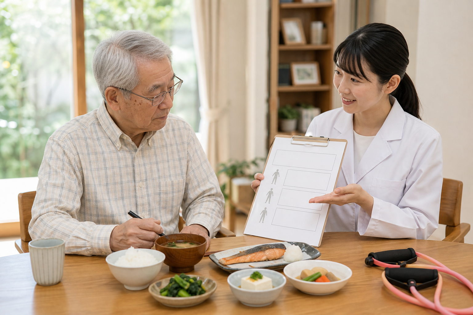 高齢者が専門職と運動とたんぱく質を含む食事について相談するイメージ