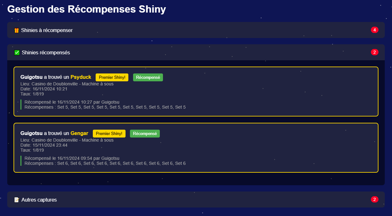 Interface de gestion des récompenses pour les shiny