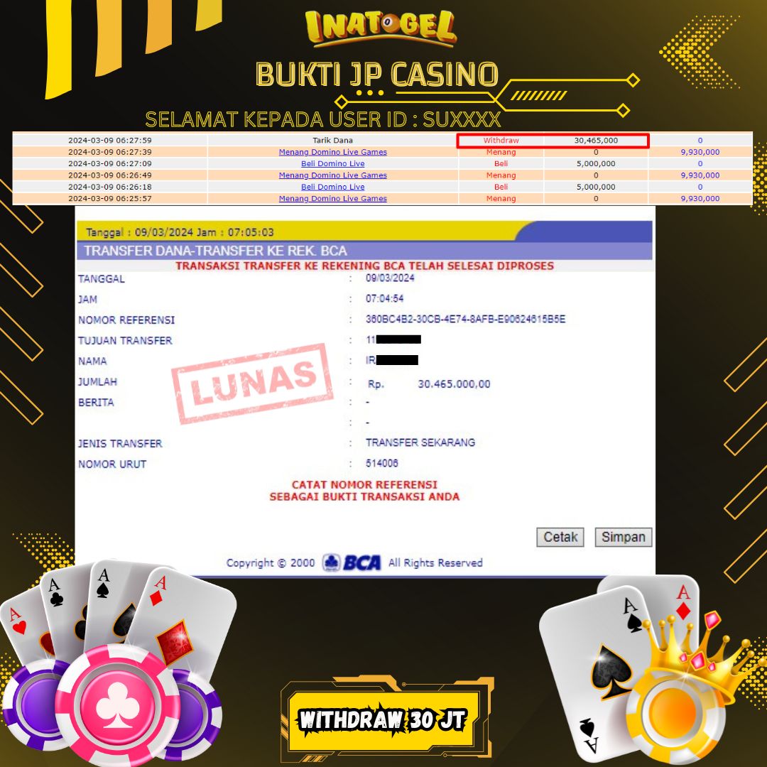 BUKTI PEMBAYARAN JP DOMINO LIVE GAMES Rp30,000,000,- LUNAS