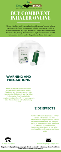 Combivent Inhaler contains two active drug ingredients: ipratropium and albuterol. DayNightDrugs is one of the trusted pharmacies who sell COPD inhalers at a very reasonable price with best offers in the USA. Buy combivent inhaler online now from us. https://www.daynightdrugs.com/copd-chronic-obstructive-pulmonary-disease/combivent-inhaler-20mcg-100mcg-200-doses.html